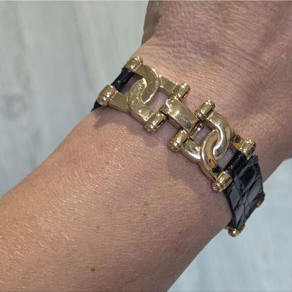 Vintage Burberry Black Leather Silver and Gold Link Bracelet Stamped - Picture 14 of 15
